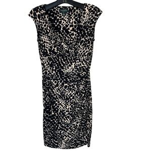 Ralph‎ Lauren Black Tan Faux Wrap V Neck Sleeveless Sheath Dress Small